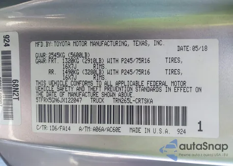 2018 Toyota Tacoma Sr z USA, uszkodzony, nr VIN 5TFRX5GN6JX122047